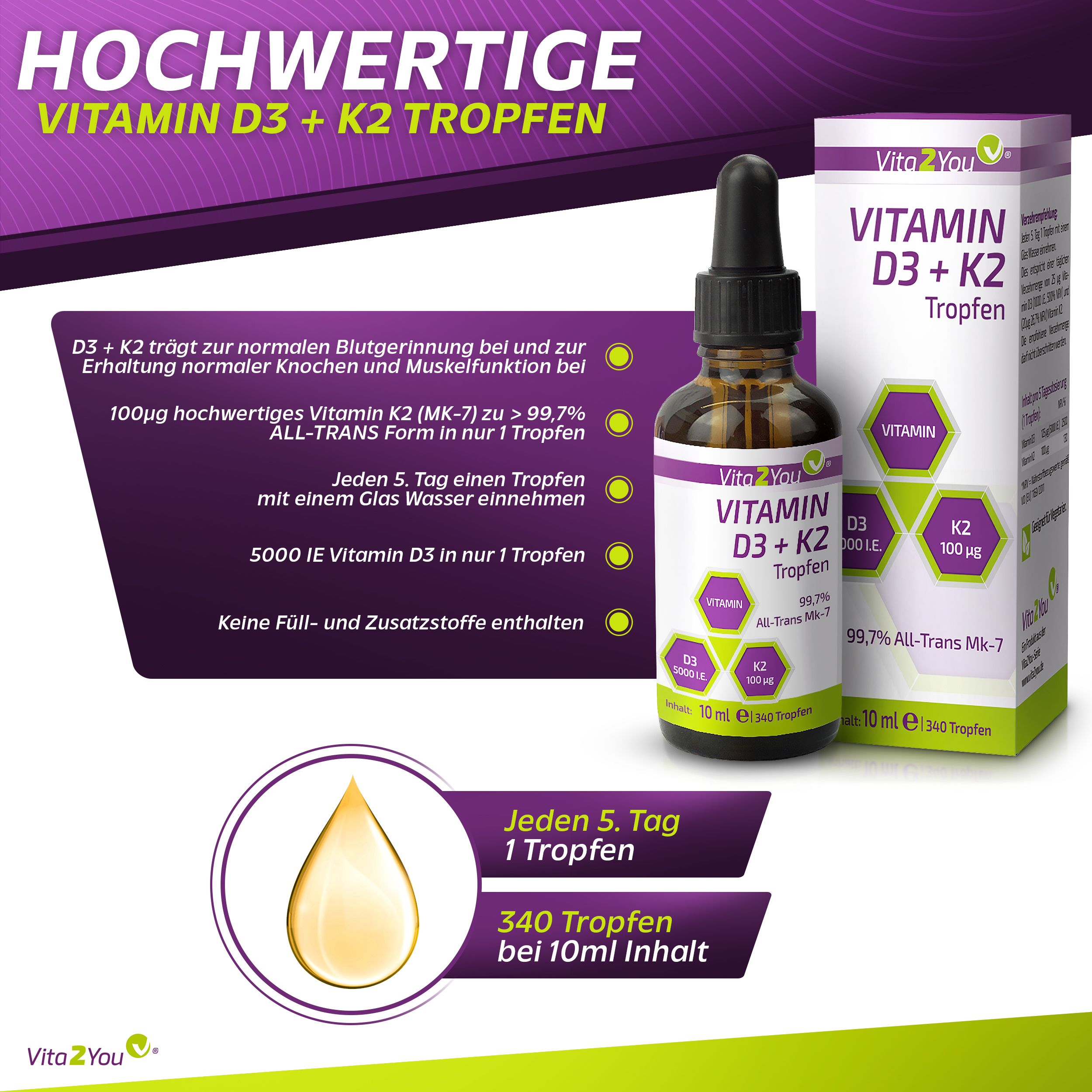 Vita2You Vitamin D3 + K2 Tropfen 5000IE - 100µg Vitamin K2