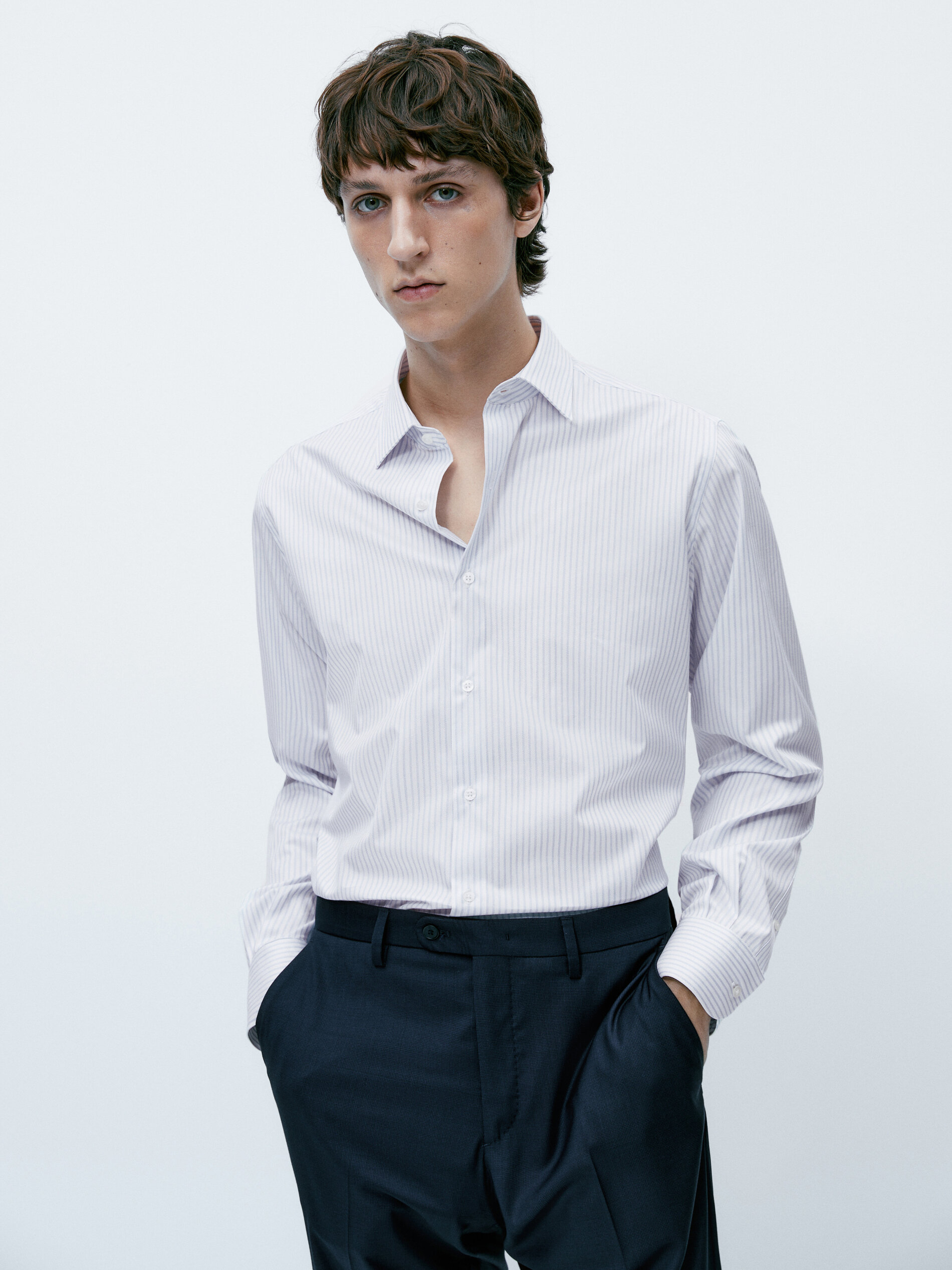 Camisa raias easy iron slim fit - CELESTE