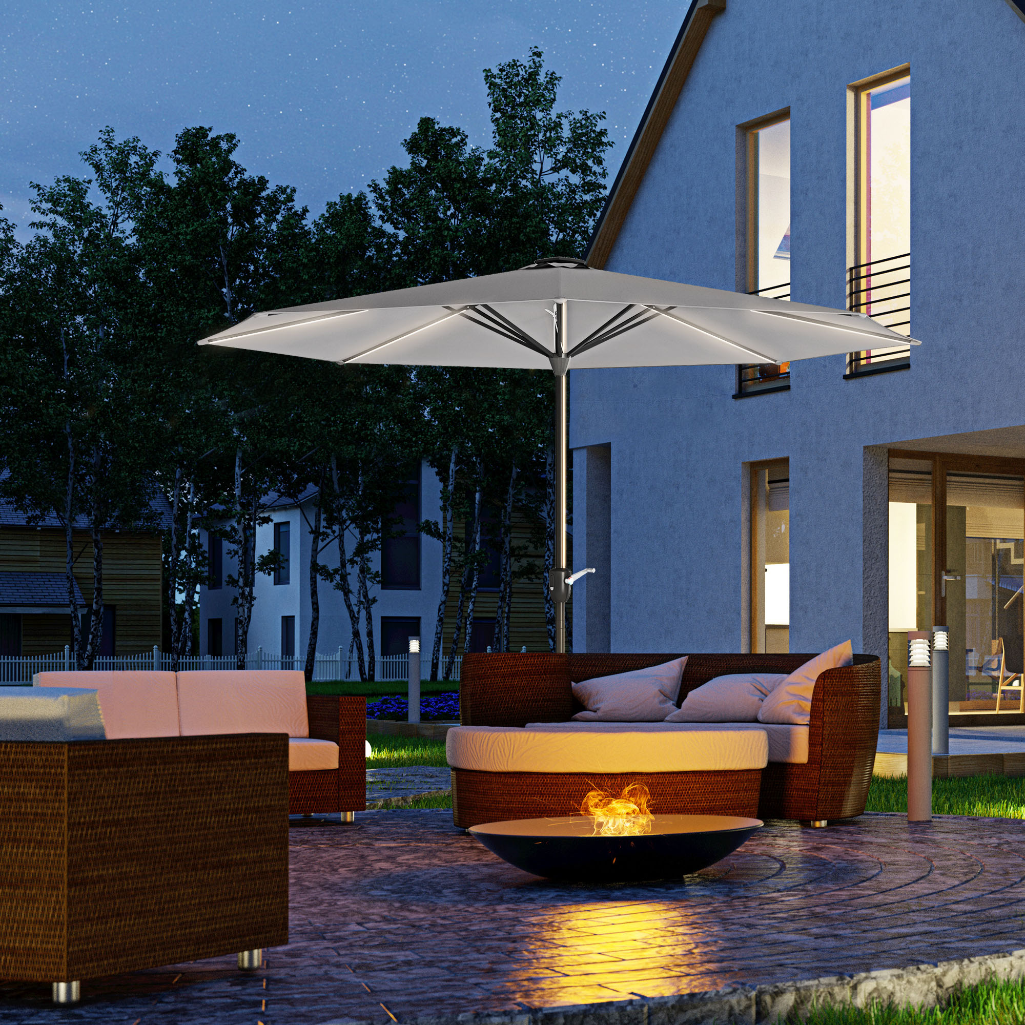 Guarda-sol de jardim Outsunny Ø265x240 cm com luzes LED solares, manivela e à prova d'água para piscina e pátio, cinza claro.