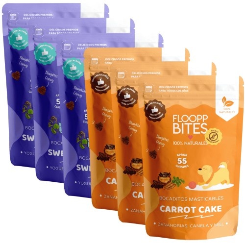 FlooppBITES petiscos macios e naturais com sabor de bolo de cenoura e sonhos doces para cães.
