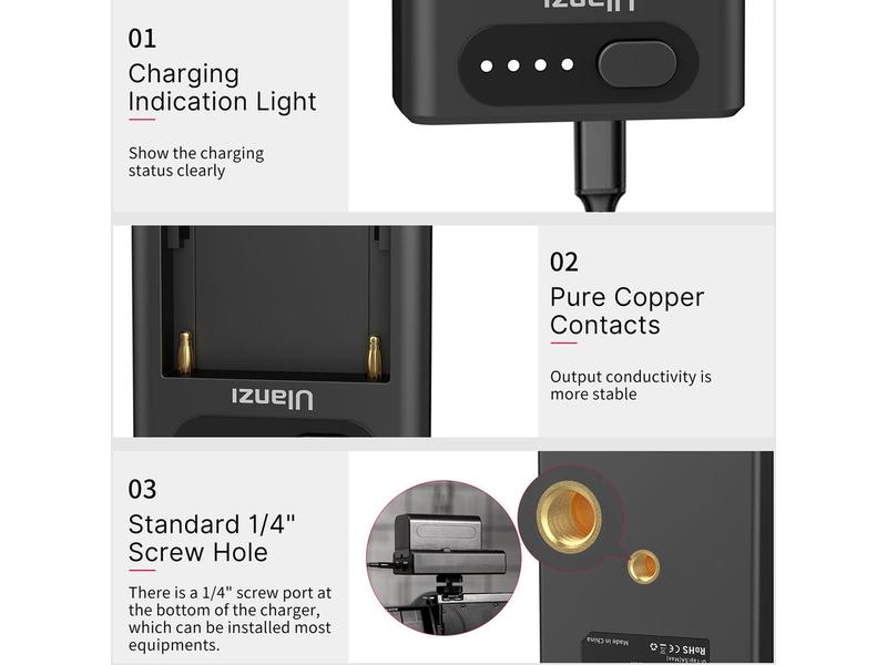 Ulanzi Ladegerät NP-F01 Ulanzi NP-F01 Multifunktionales Akku-Ladegerät/Netzteil für Sony L-Serie, AC, Chemie-Li-Ion, 1 Position, W/O-Ausgang, USB, Quick Charge