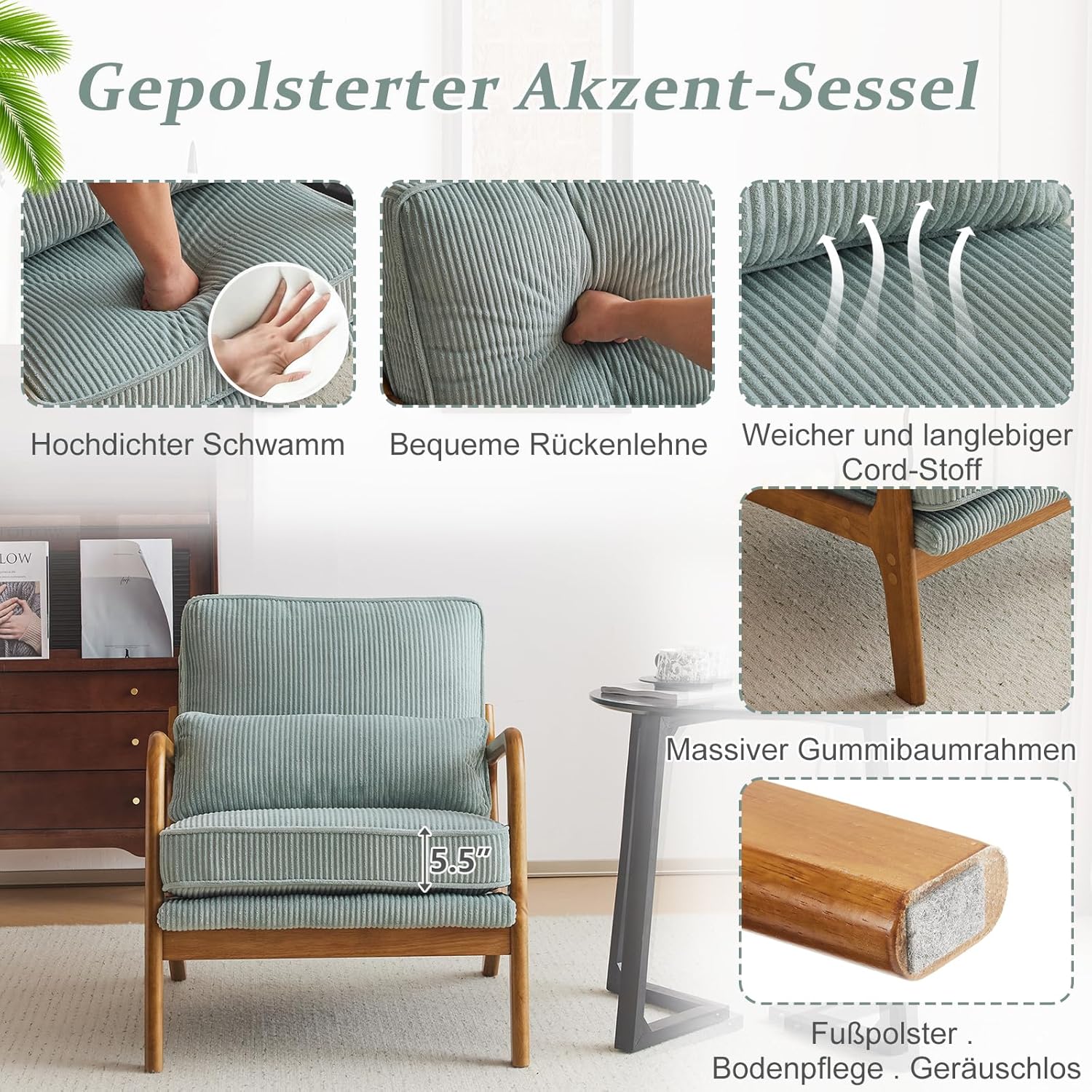 Bonnlo Sessel Gepolsterter Cocktailsessel, Moderner loungesessel, Ohrensessel für Wohnzimmer, Polsterstuhl mit Massivholz, Lesesessel, bis 200 kg belastbar, Cord-Stoff (Blau)