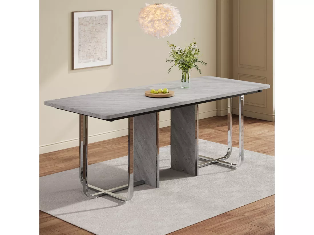Table à manger 6 à 8 personnes en MDF et métal - Gris et Argent - table à manger rectangle - 180x80x75cm