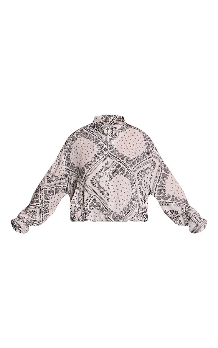 Blanc Chemise À Manches Longues Col Montant Avec Détail Nœud Motif Paisley