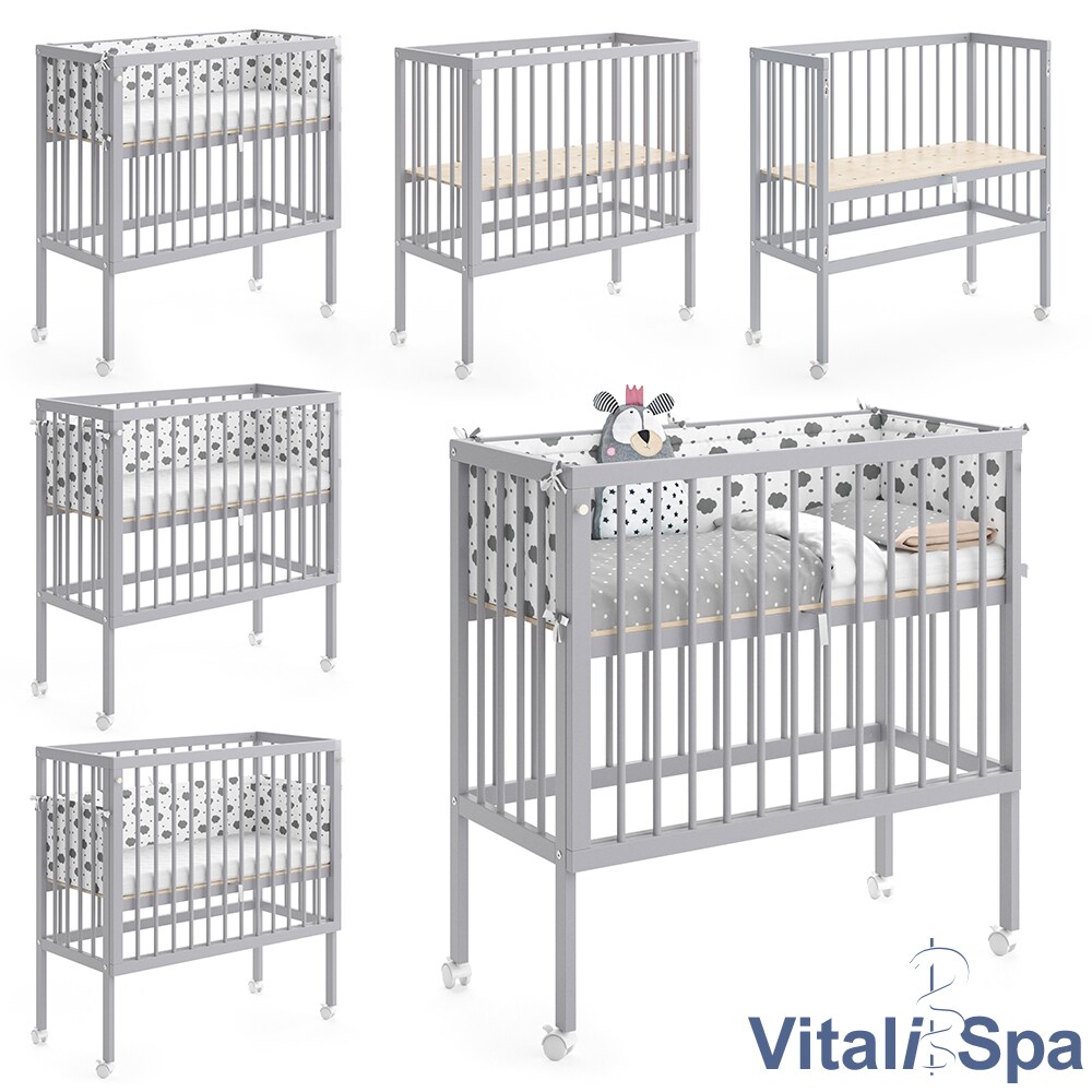 Beistellbett SOPHIE Grau Babybett Stillbett Stubenbett Nestchen Boxspringbett 2 Seitenteile