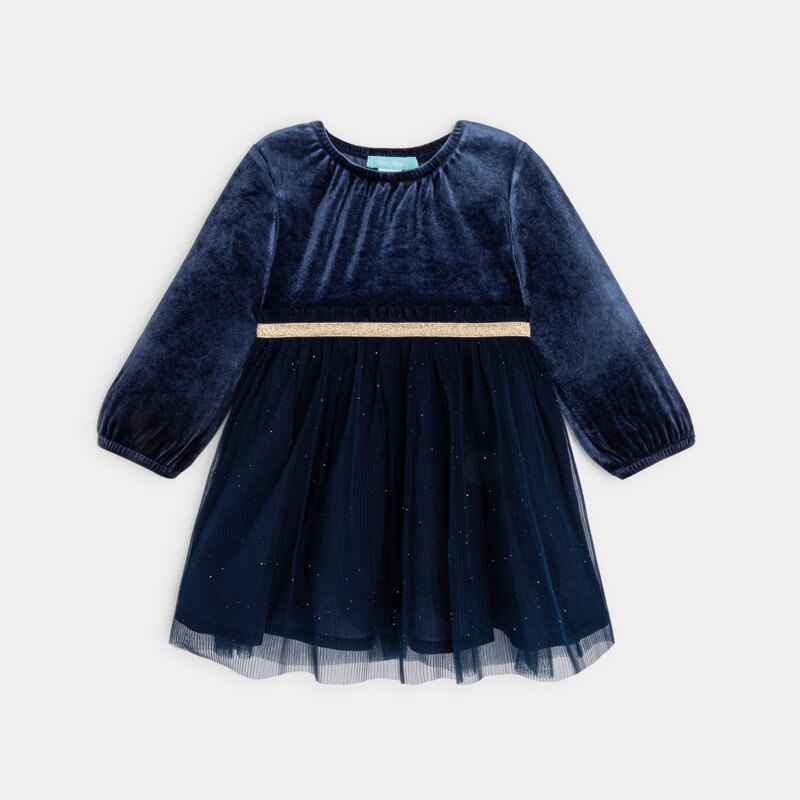 Robe bi-matière velours et tulle bleu bébé fille Bleu