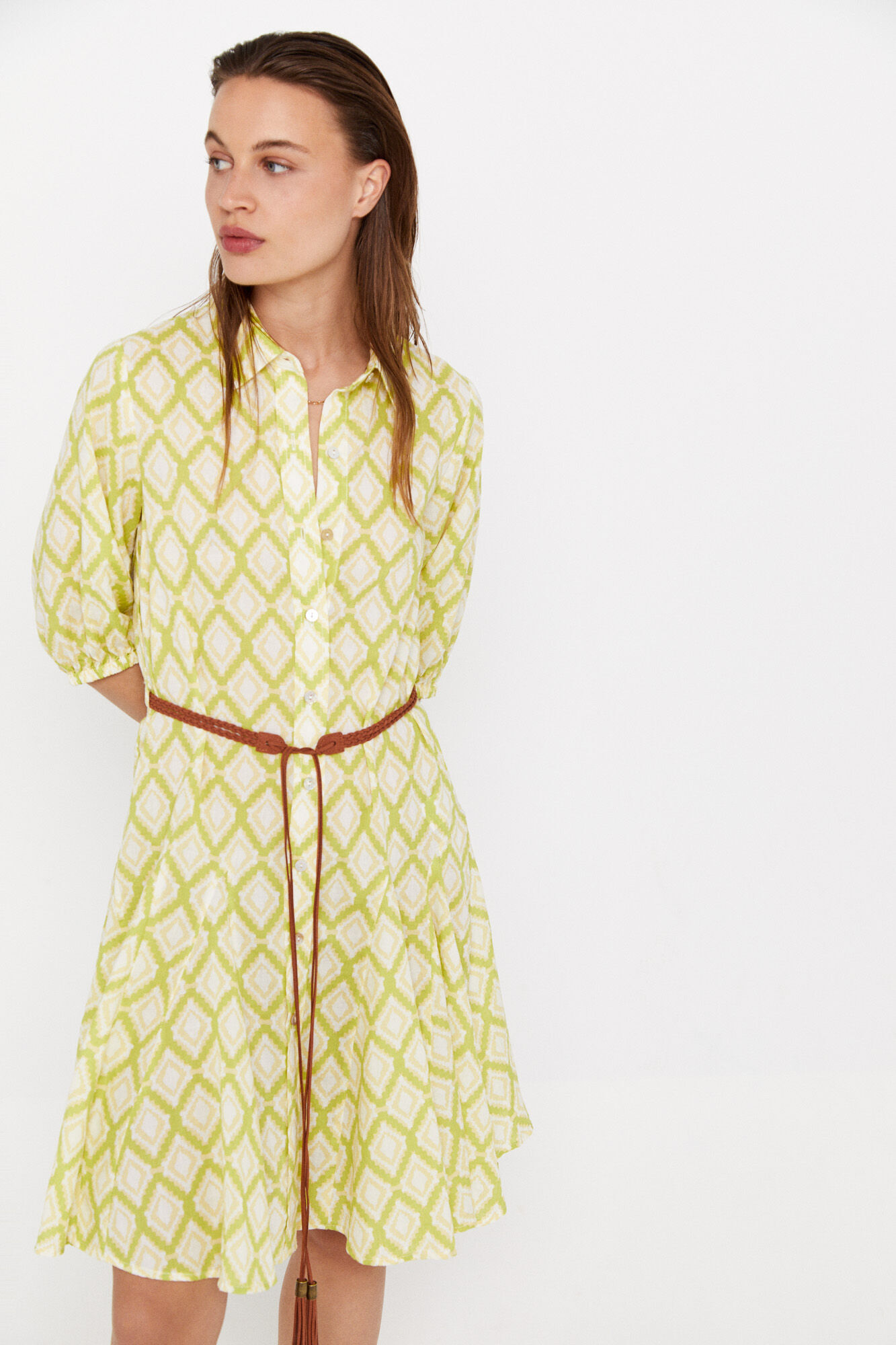 Vestido curto de algodão - Estampa verde
