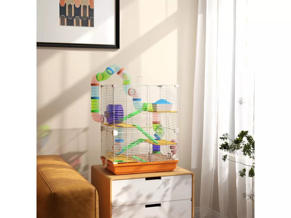 Cage pour hamster souris rongeur 4 étages avec tunnels mangeoire roue maison échelles dim. 46L x 30l x 58H cm orange
