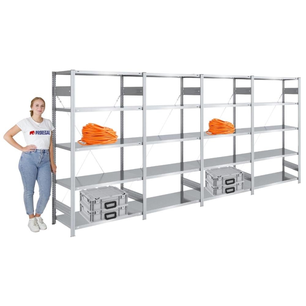 PROREGAL Heavy-Duty stellingkast Silver Mamba Gemaakt in Duitsland HxBxD 200 x 400 x 50 cm 5 planken Draagvermogen van 150 kg per plank Gegalvaniseerd