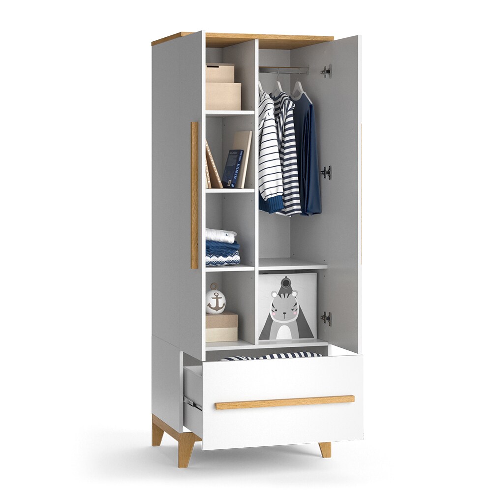 VitaliSpa Kleiderschrank Kinderzimmerschrank Aufbewahrungsschrank Malia Weiß Eiche modern 70x187 cm Kinderzimmer Möbel Babymöbel Schublade Tür Fach Kleiderstange Ablage Babyzimmerschrank