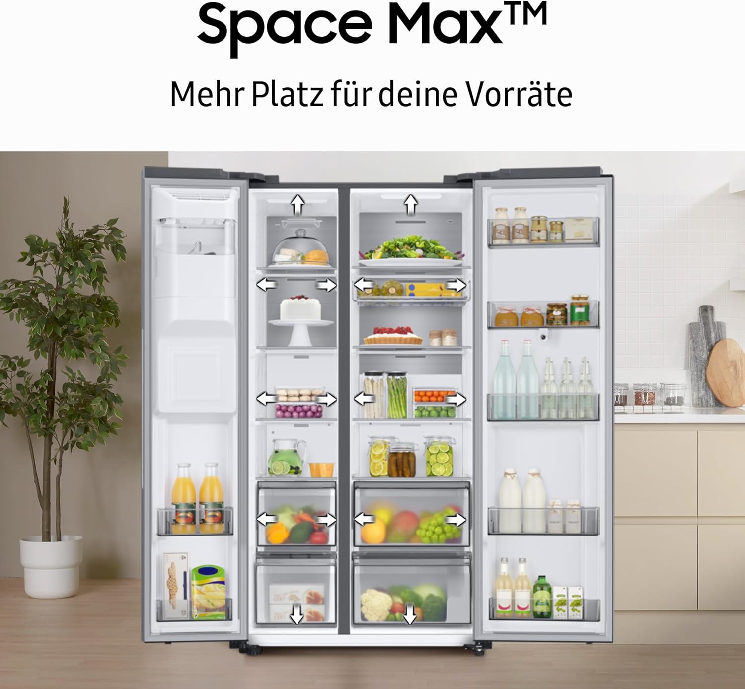 Samsung RS80F66KBFEF Side-by-Side Kühl-Gefrierkombination, AI Kühlschrank mit Gefrierfach, 178 cm, 634 l, Eis- und Wasserspender mit Festwasseranschluss, AI Voice Control & Energy Mode, Black Steel