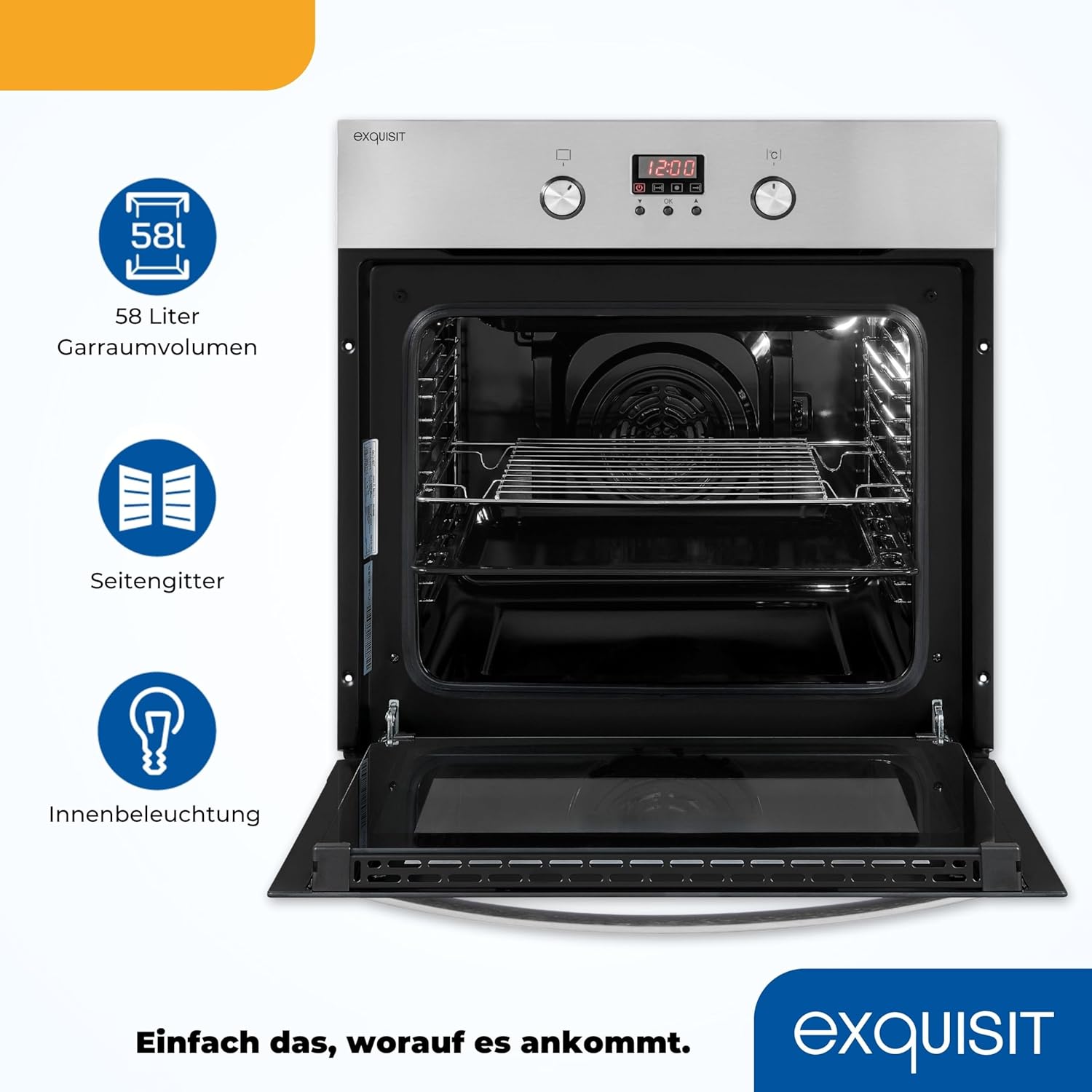 Exquisit EBE 65-1H Einbaubackofen | 58 Liter Backofenvolumen | Heißluft | Timer | versenkbare Knebel | Edelstahl