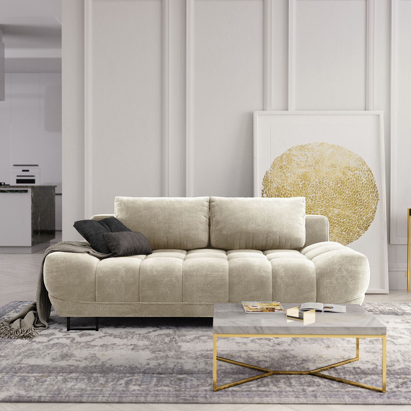 Windsor & Co Canapé Velours convertible avec Coffre de Rangement Cirrus beige - 215x112x90 cm