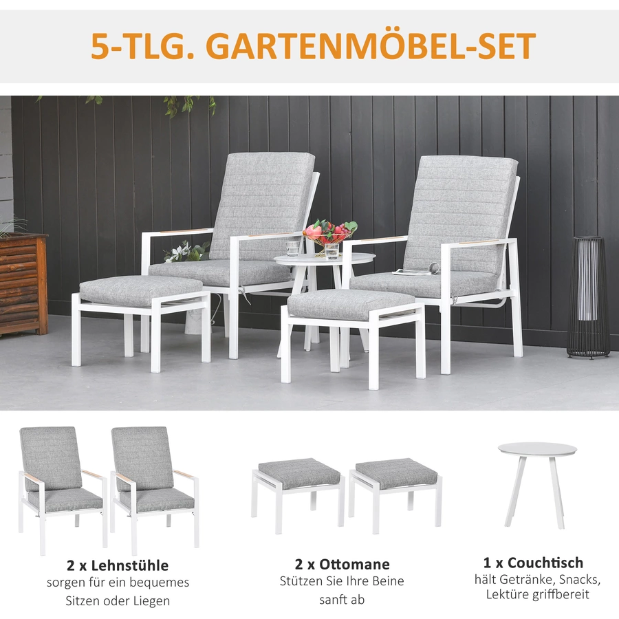 Outsunny Gartenmöbelset 5-Teilig, Liegestuhl mit Tisch, rutschfest GrauWeiß
