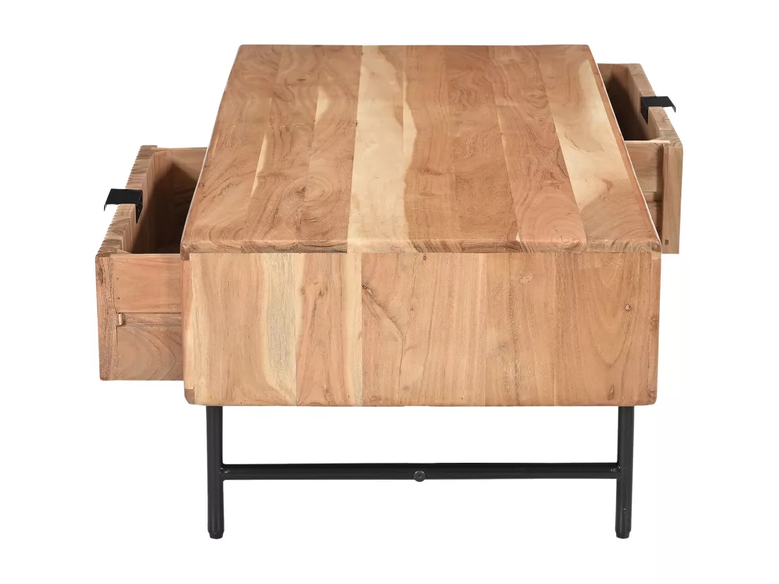 Table basse avec 2 tiroirs et 2 niches en bois d'acacia et métal noir - Naturel clair - ALEVIA