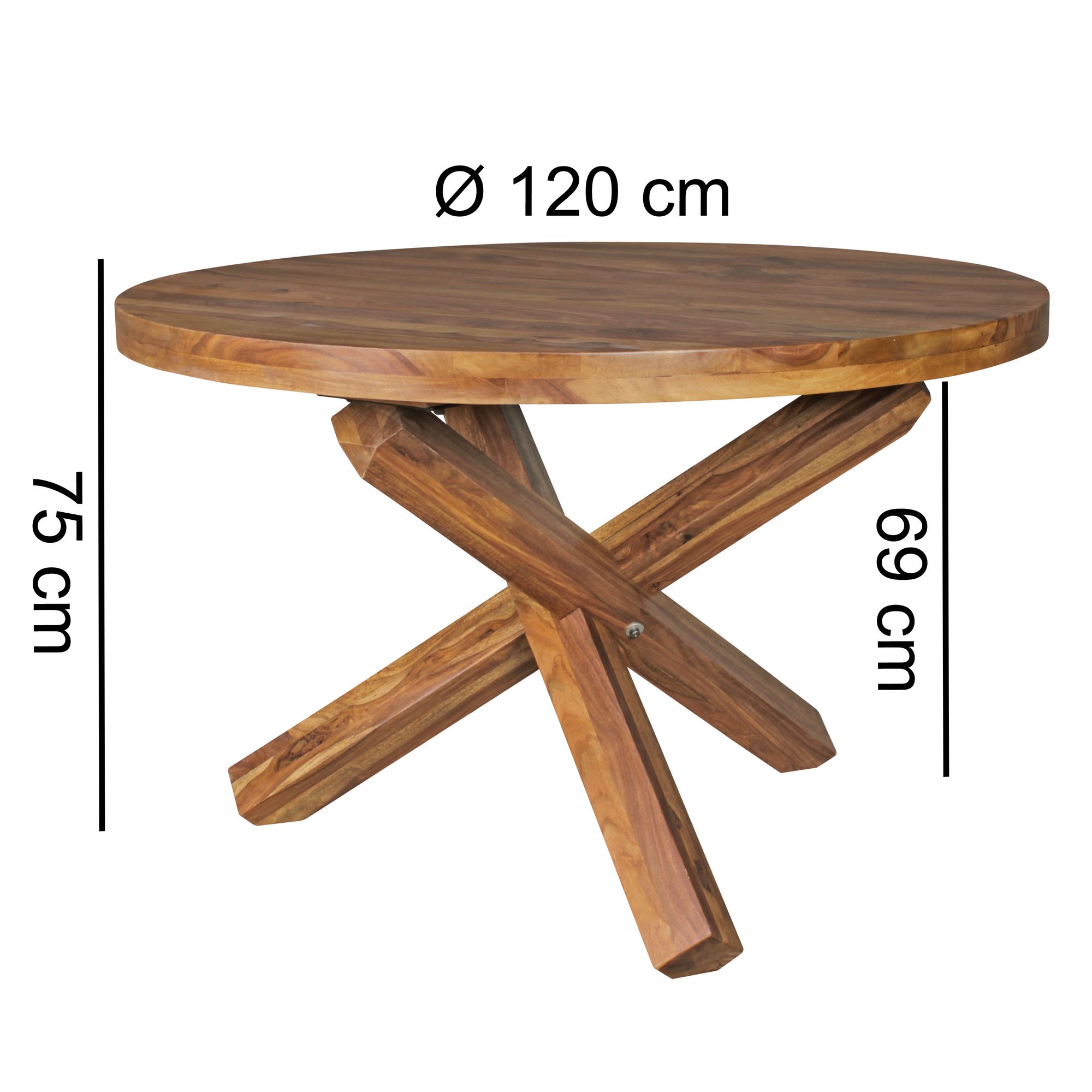 KADIMA DESIGN Esstisch TEKO: Massivholz Rund, 120 cm Durchmesser, Sheesham/Akazie Holz, Kreuzbeine, Handgefertigt