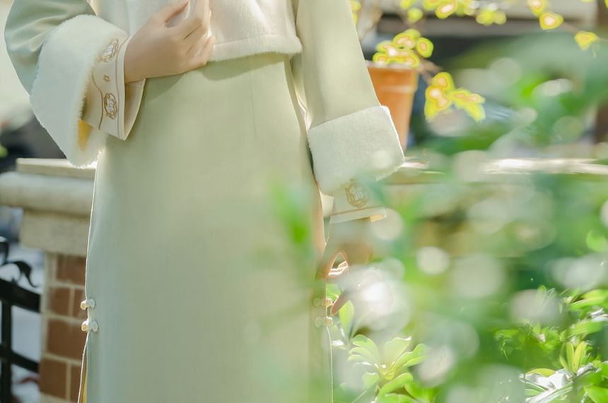 sansweet - Set: Lange mouwen fleece paneel midi A-lijn qipao + vierkante hals crop top met knopen