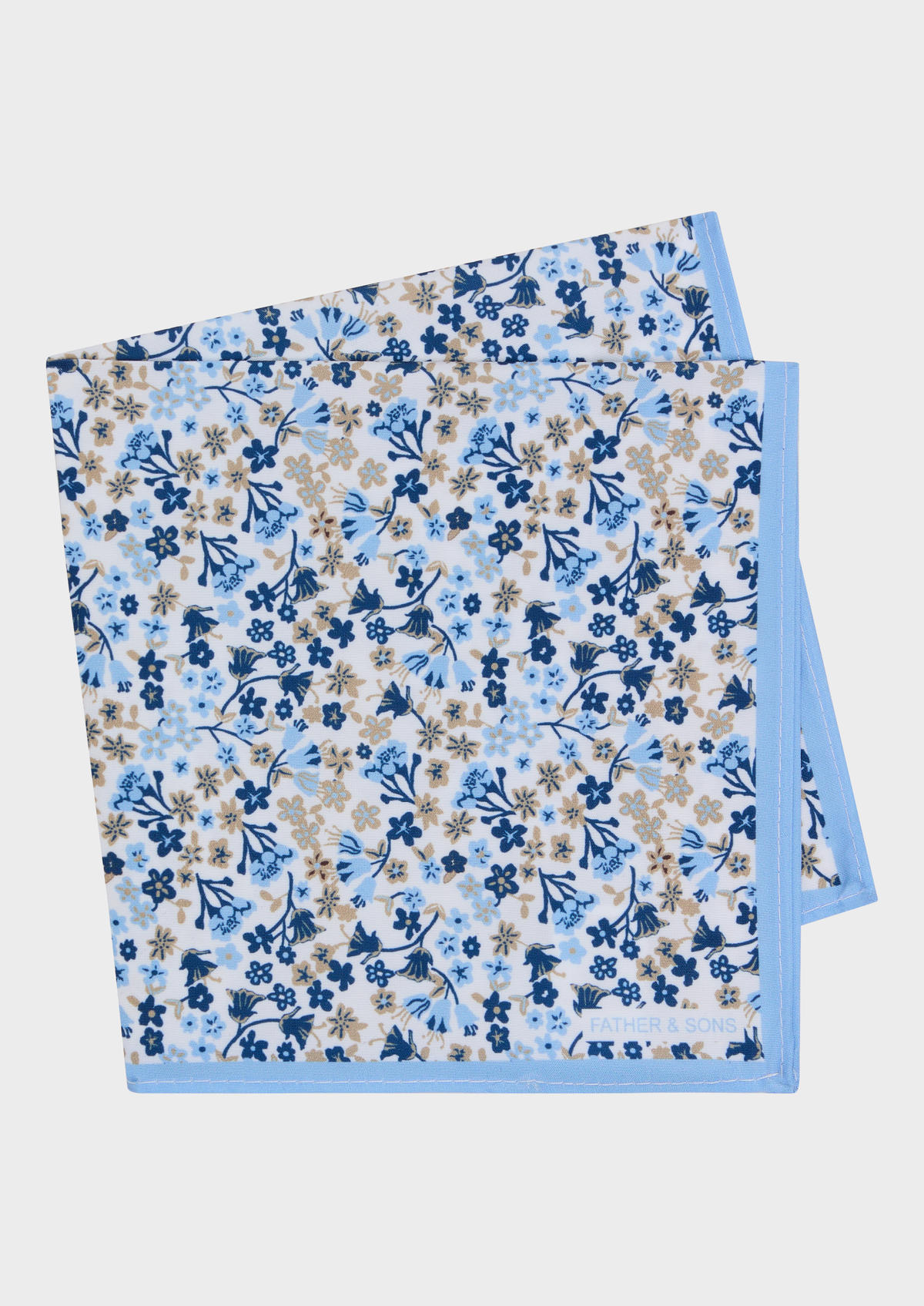 Pochette blanche à motif fleuri bleu ciel et beige