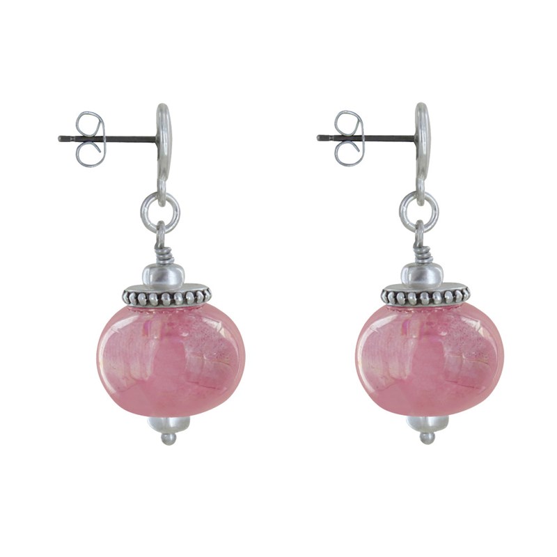 Boucles d'Oreilles Clous Métal Argenté et Grosses Perles en Céramique