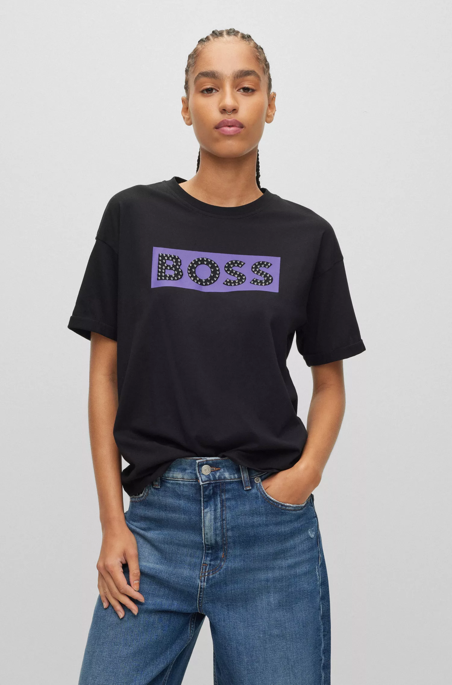Camiseta BOSS laranja, corte slim, em algodão com logotipo bordado.