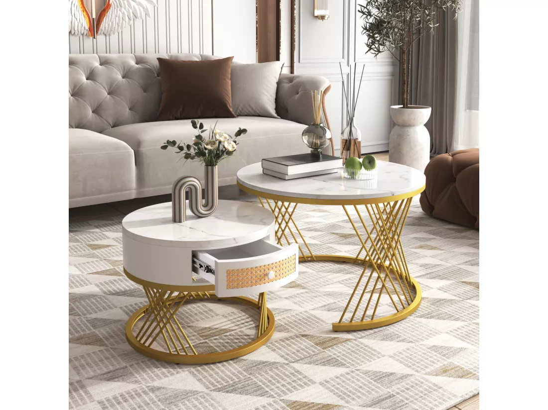 Lot de 2 table basse gigogne ronde, table d'appoint avec plateau en marbre et tiroirs en rotin, pieds en fer dorés - 70x70x45, 5+50x50x38, 5cm blanc