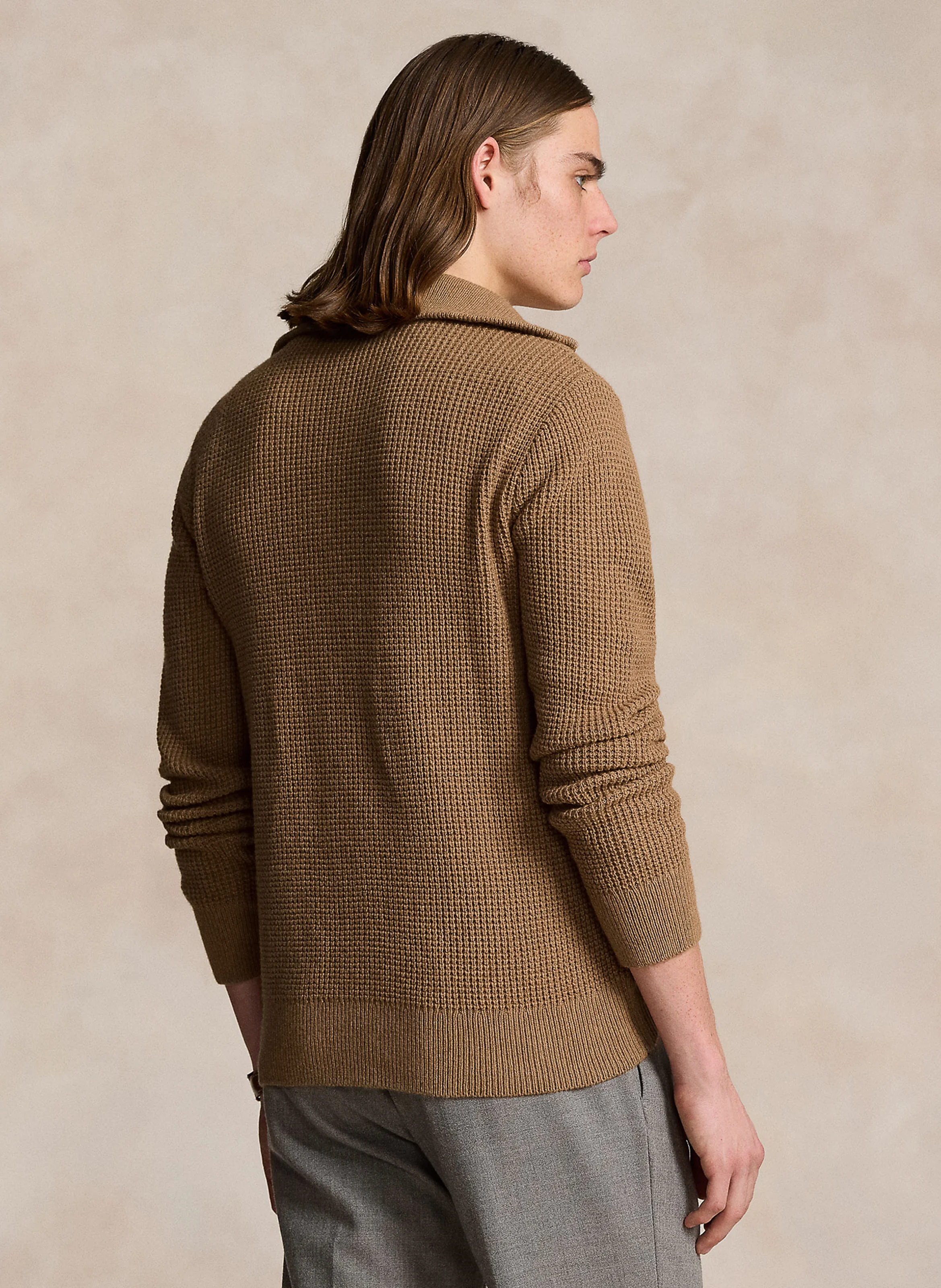 Pull droit col cheminé en laine et coton mélangé | Marron