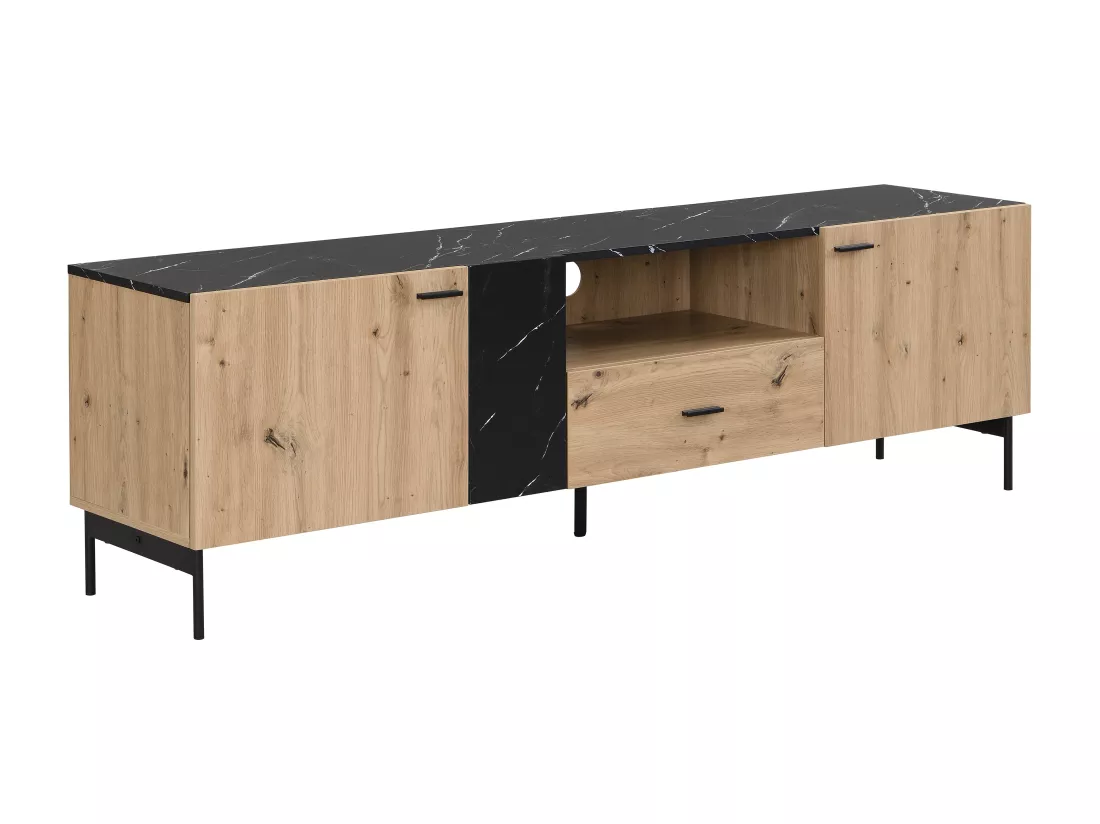 Meuble TV avec 2 portes, 1 tiroir et 1 niche en MDF et métal - Naturel clair et Effet marbre noir - LIOMENA de Pascal Morabito