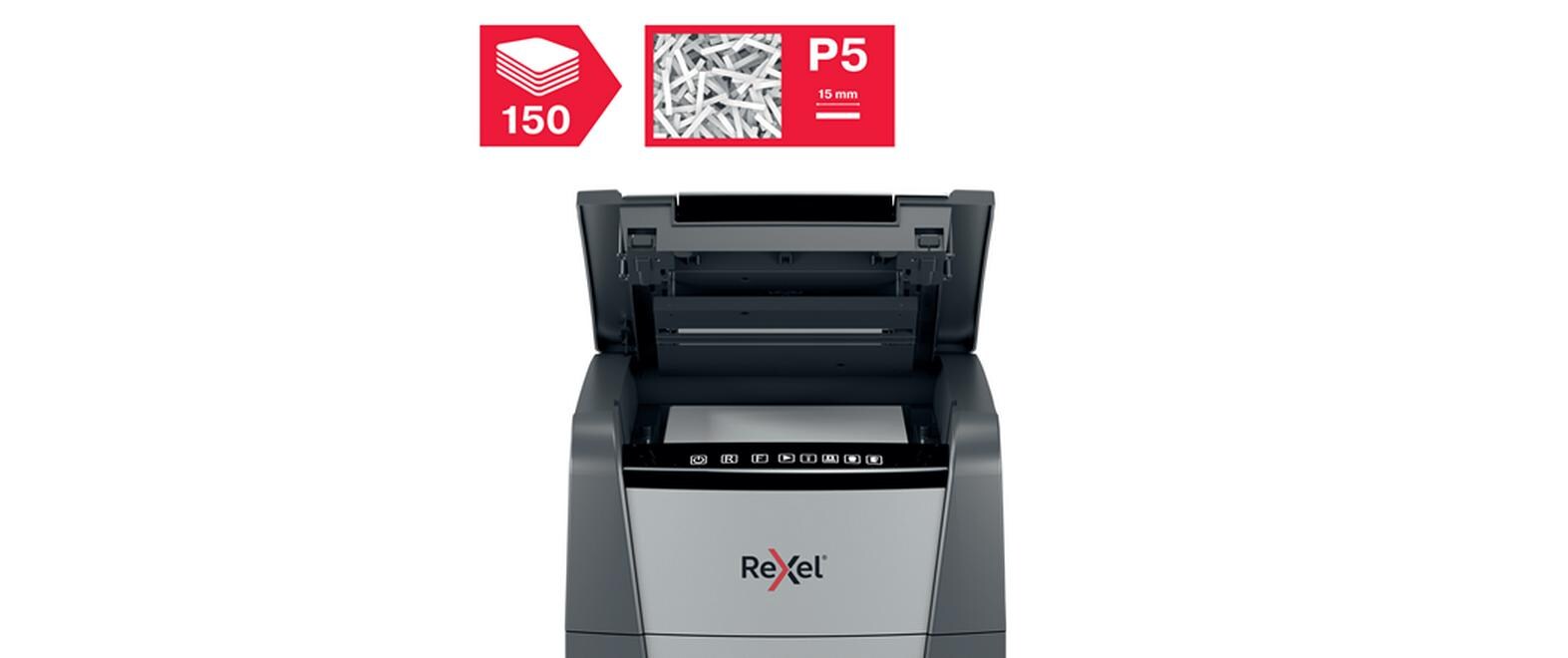 Aktenvernichter Rexel Optimum AutoFeed+ 150M, P-5<br>Automatischer Schredder (auto) für sichere Vernichtung vertraulicher Unterlagen (bis zu 150 Blatt)