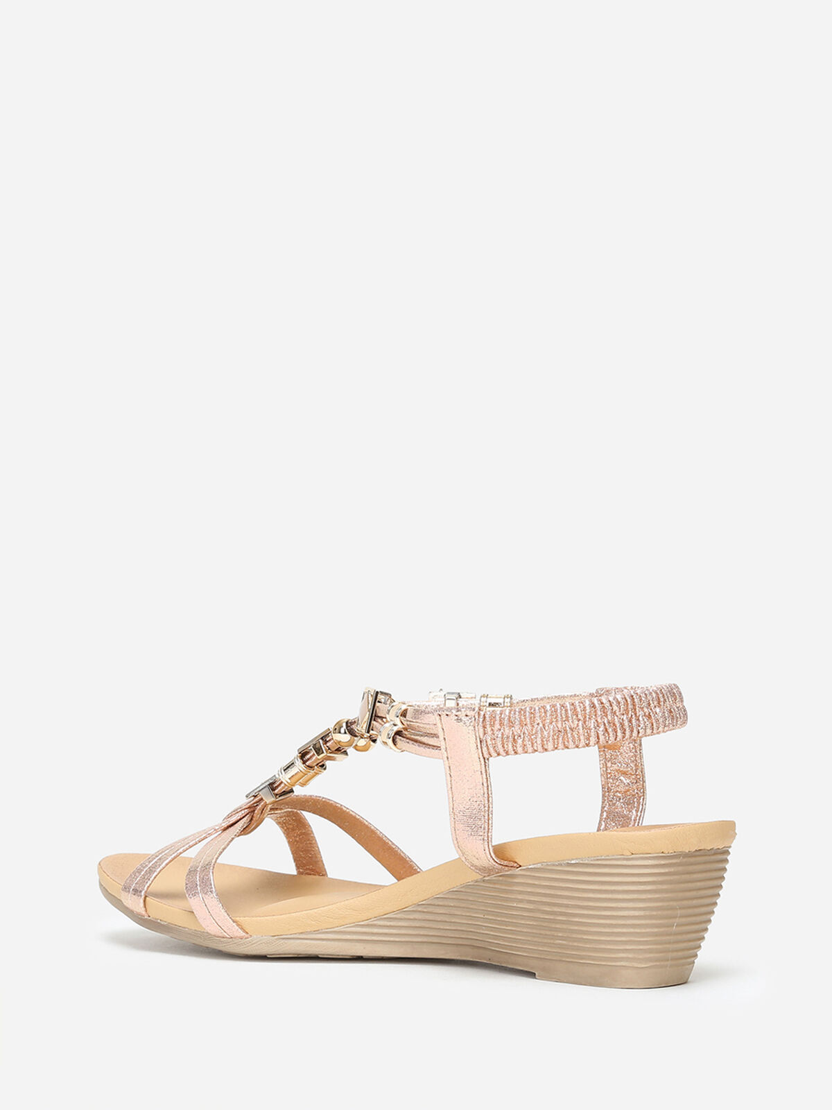 Sandales compensées à brides perles et strass- Doré rose