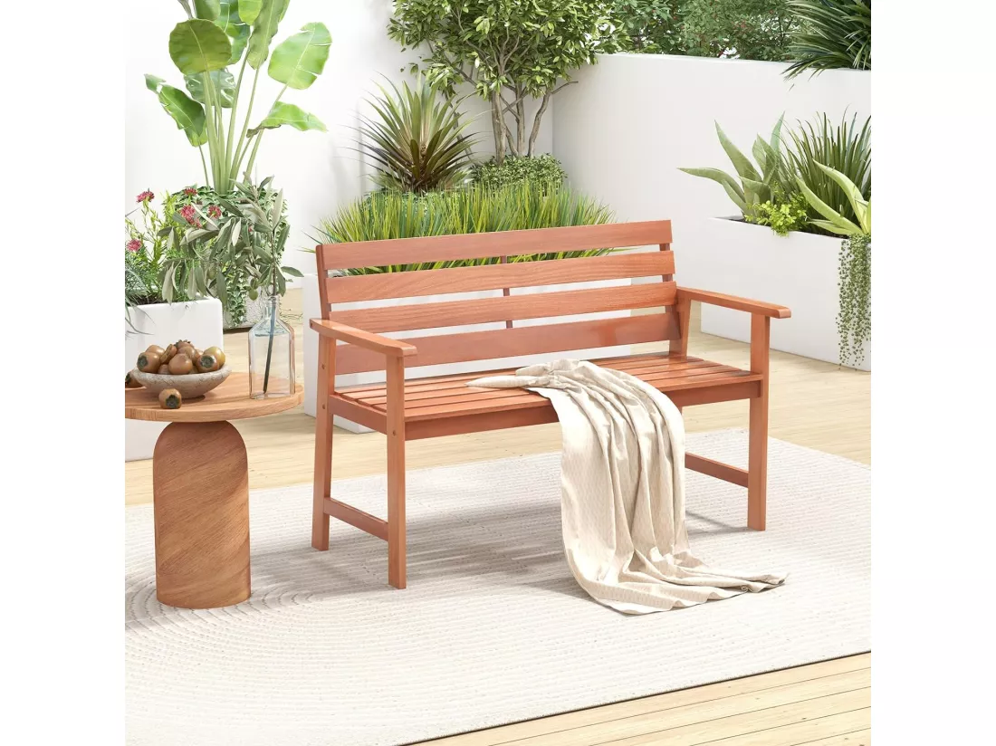Banc de Jardin en Bois Massif, Banc d'Extérieur à 2 Places avec Accoudoirs, Siège à Lattes pour Parc, Porche, Cour, Charge 180 KG, 120,5 x 64 x 84 CM (L x l x H), Naturel