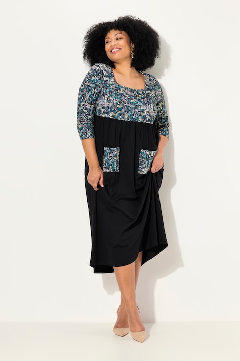 Jersey-Maxikleid, Blüten, Carree-Ausschnitt, 3/4-Arm