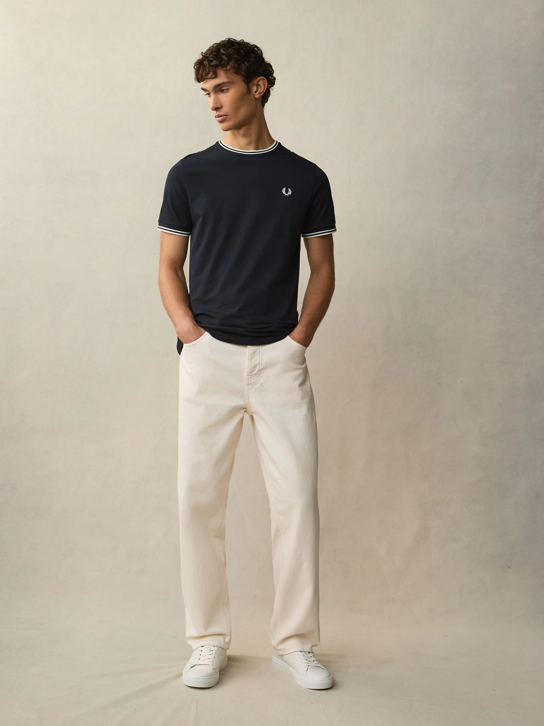 Donkerblauw - Fred Perry - T-shirt met twee contrasterende logo's