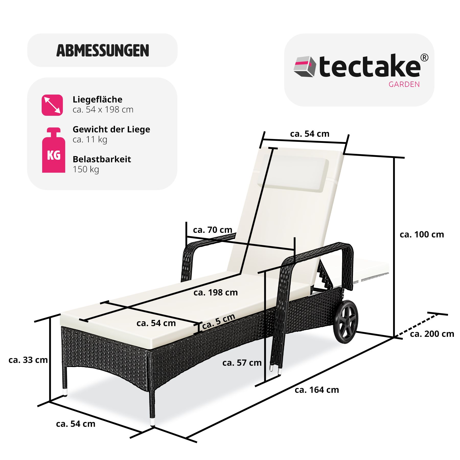 tectake® Rattan Sonnenliege, widerstandsfähig, 6-fach verstellbare Rückenlehne, 200 x 70 x 33 cm