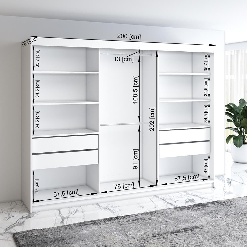 A&J MöbelLand Schwebetürenschrank VILUNO 1 Kleiderschrank 3-türig 200 cm mit Spiegel, 4 Schubladen & 2 Kleiderstangen, Geräumiger Schlafzimmerschrank (Sonoma/weiß)