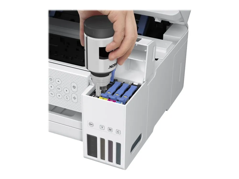 Epson EcoTank ET-2856 - Multifunktionsprinter - farve - blækprinter - kan genopfyldes - A4 (medie) - op til 10.5 spm (udskriver) - 100 ark - Wi-Fi, USB - hvid