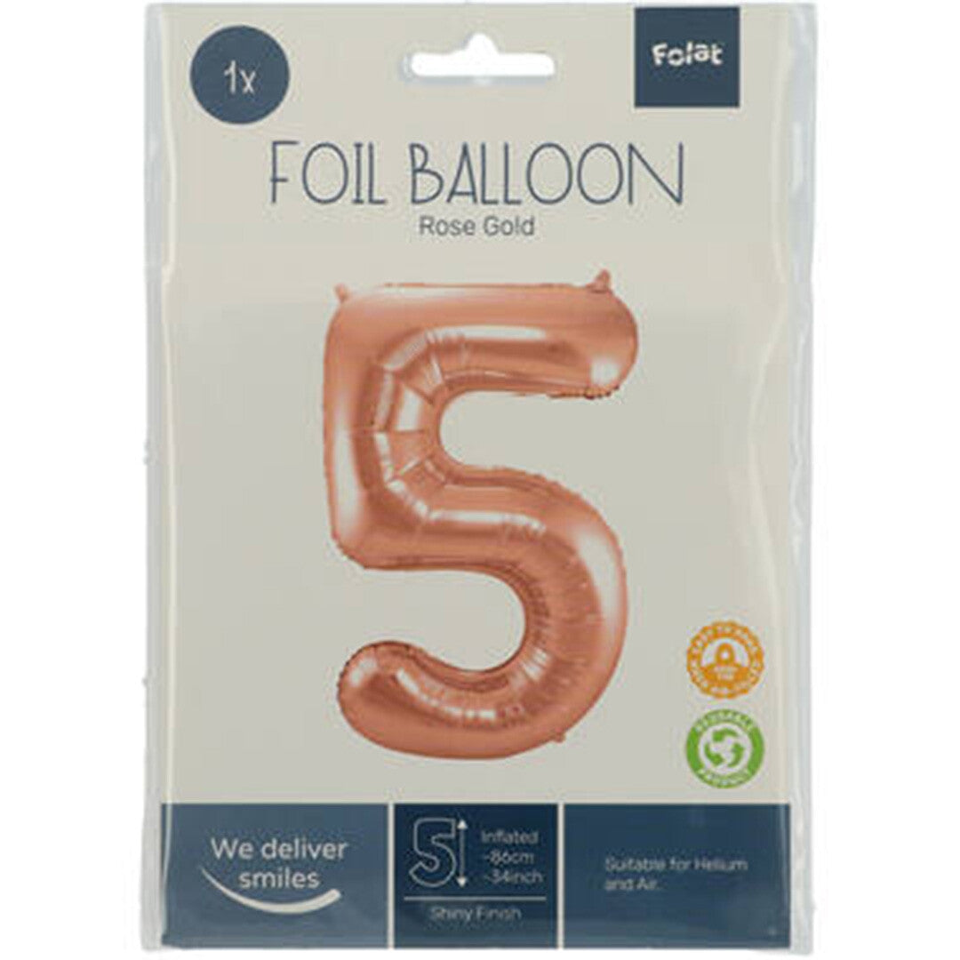 Cijferballon vijf - rosé goudkleurig - 86 cm
