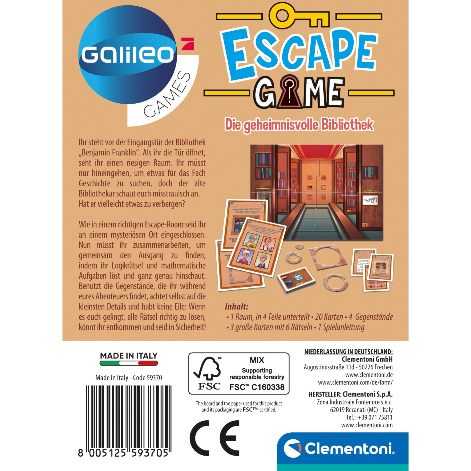 Clementoni Partyspiel Escape Game - Die geheimnisvolle Bibliothek