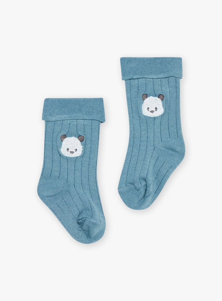 Body polo bleu et écru, salopette bleu nuit et chaussettes bleues