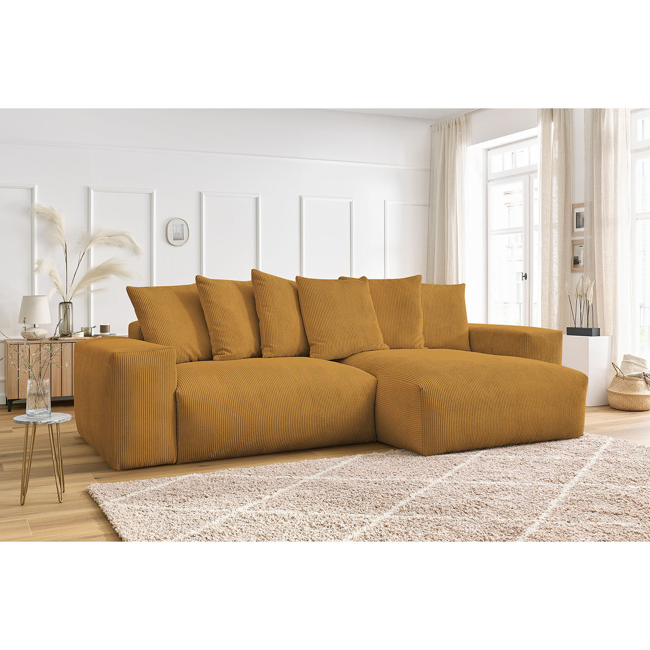 Bobochic Canapé d'angle réversible ultra moelleux voltaire velours côtelé jaune - 310x174x75 cm