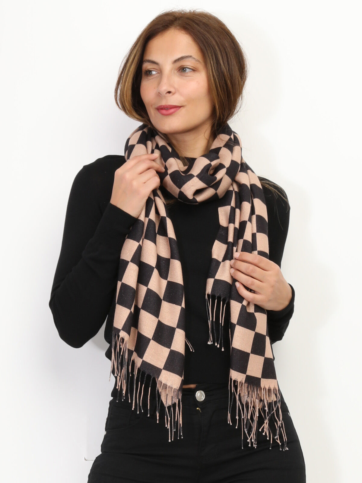Écharpe damier et pailletée- Camel