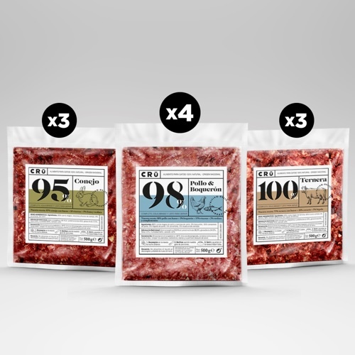Caixa mista com carne de frango e anchova, coelho e carne bovina.