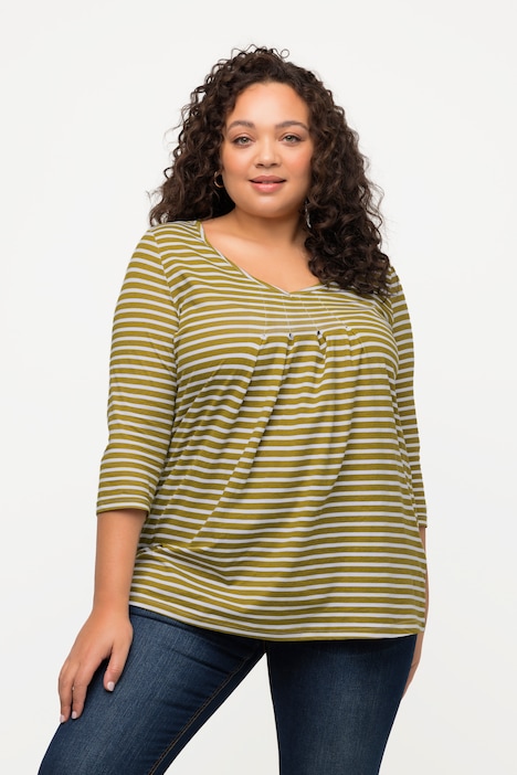 Shirt, Ringel, A-Linie, Zierfalten, V-Ausschnitt, 3/4-Arm
