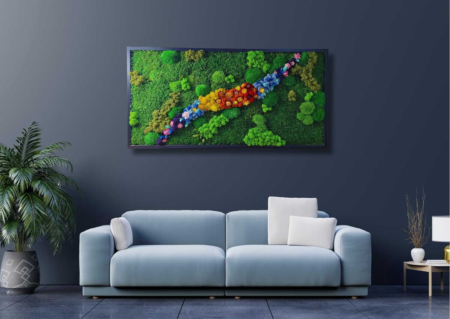 HelloMoss Moosbilder mit Rahmen 110x50cm - Moosbild XXL mit Island Moos Konserviert - Luxus Deko für Ihr Zuhause - Mooswand Deko Wohnzimmer Groß
