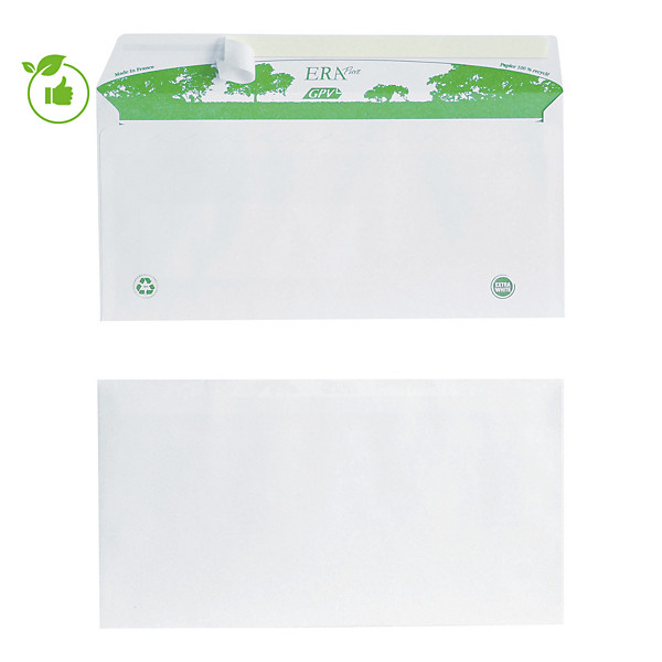 500 enveloppes DL extra blanches Erapure GPV à bande protectrice 110 x 220 mm sans fenêtre papier 100% recyclé 80 g