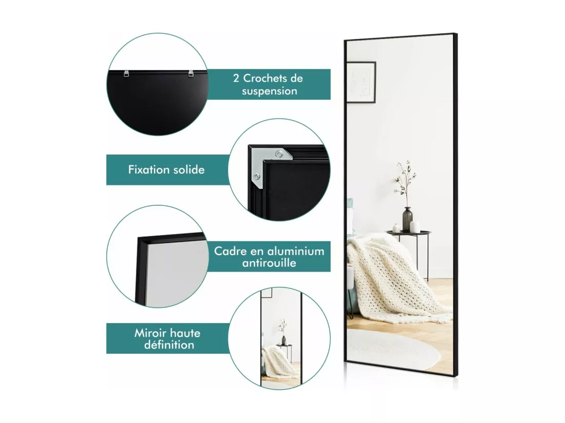 Miroir Mural avec cadre aluminium 150x4x56cm, HD Miroir en verre antidéflagrant, Miroir en Pleine Longueur pour Installation Horizontale ou Verticale, pour salle de bain, chambre, salon (Noir)
