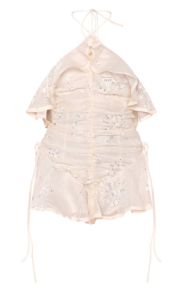 Crème Combinaison Courte À Col Halter Avec Volants Et Broderies De Sequins