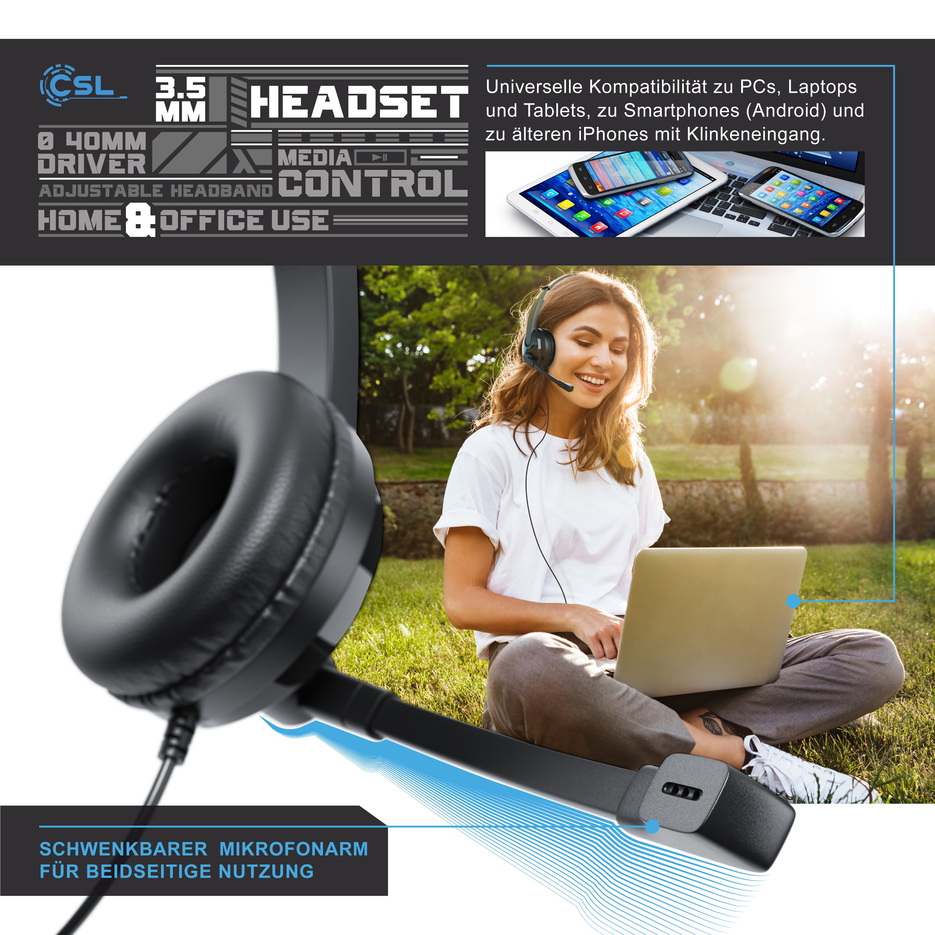 CSL PC Office Headset mit Mikrofon - Kopfhörer mit beweglichem Mikrofonarm - 3,5 mm Klinkenstecker -großes Ohrpolster - freisprechen - Chat Callcenter