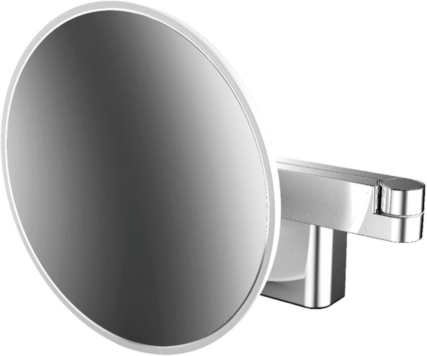 Emco Evo LED Kosmetik- und Rasierspiegel am Doppelgelenkarm, runder Kosmetikspiegel mit Beleuchtung zur Wandmontage, dimmbarer Vergrößerungsspiegel (5-Fach), 120 x 230 x 430