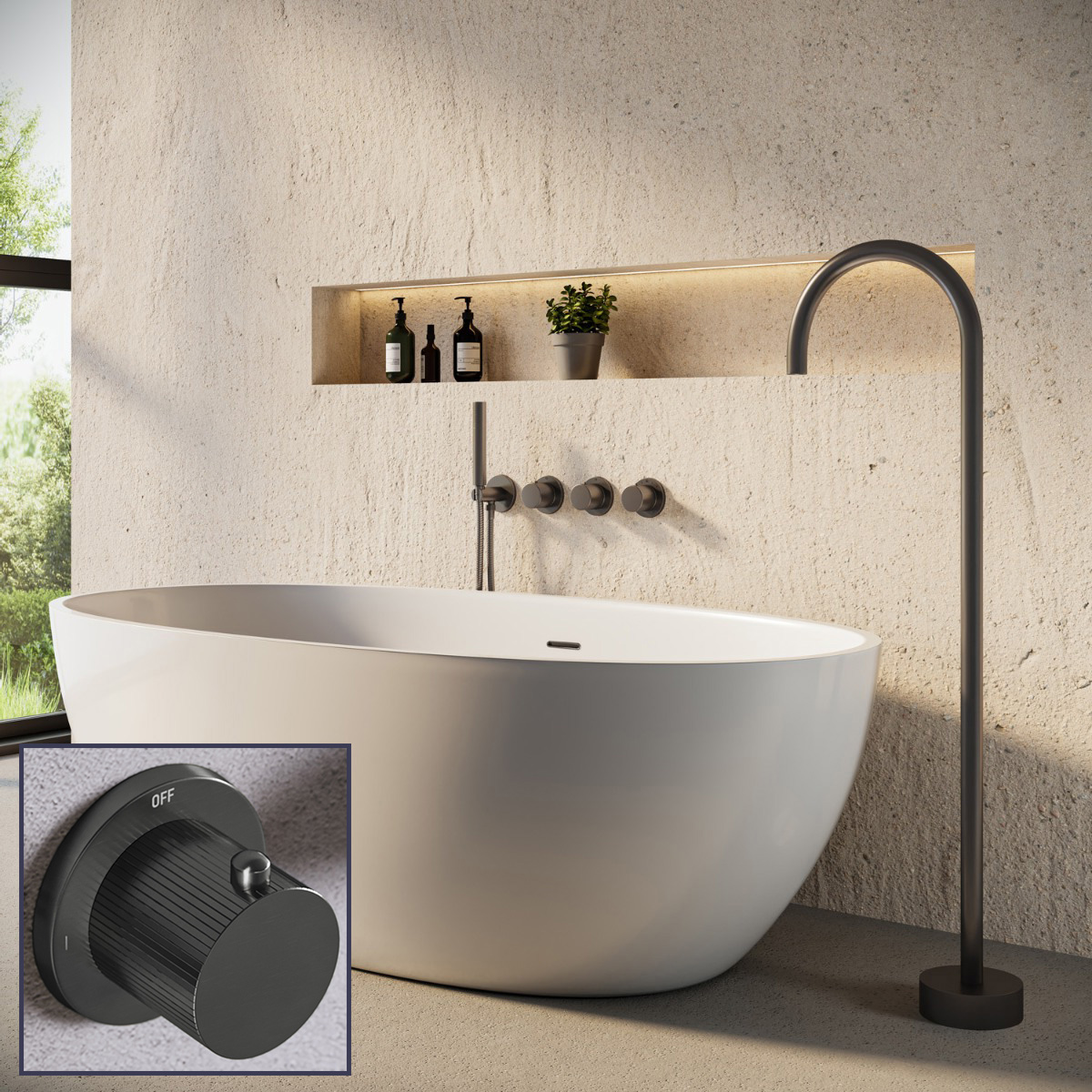 Saniclear Plus Stripes inbouw badkraan met vrijstaande uitloop en staafhanddouche verouderd ijzer - gunmetal