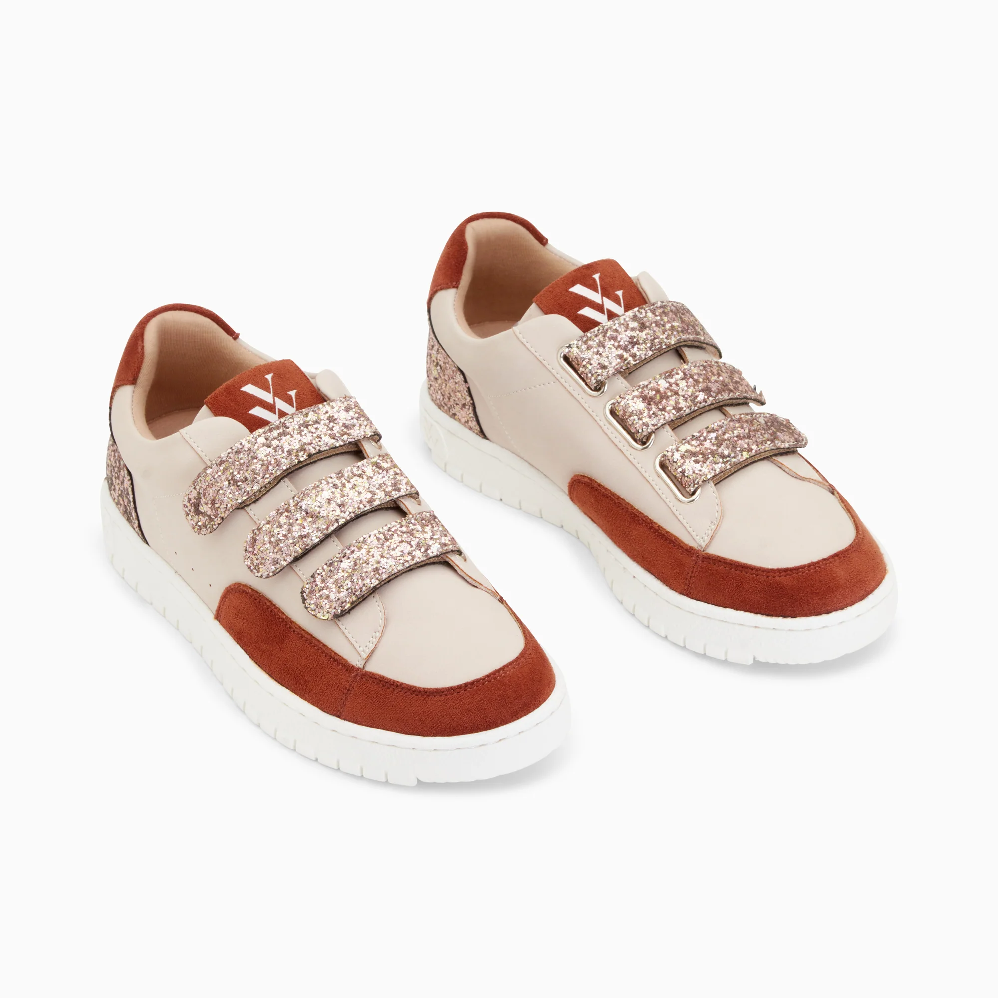 Sneakers-Baskets Paloma nude et marron à scratchs glitter